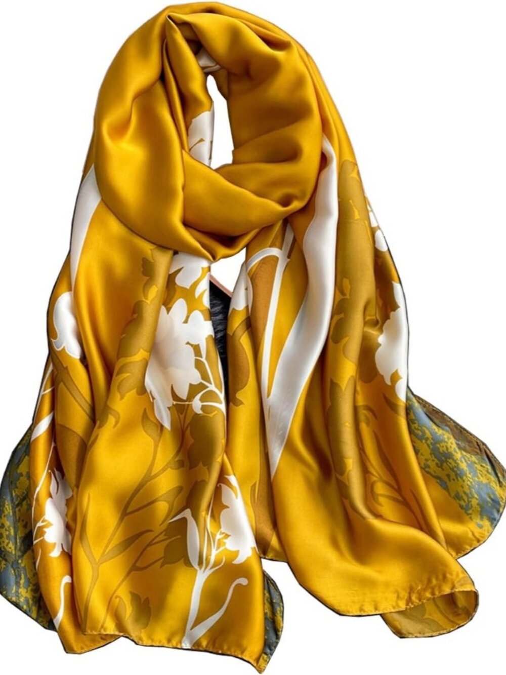 Women's Mustard Lightweight Silk Scarves Flowers Print Head Cotton Wrap Scarf